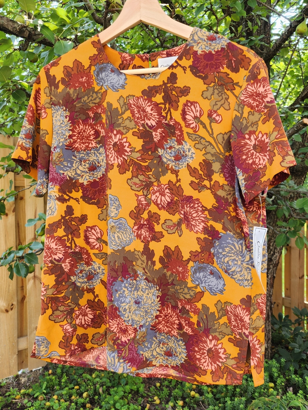 Vtg Claudia Richard Sz S Retro 70s Mustard Yellow Floral Short-Sleeve Blouse
